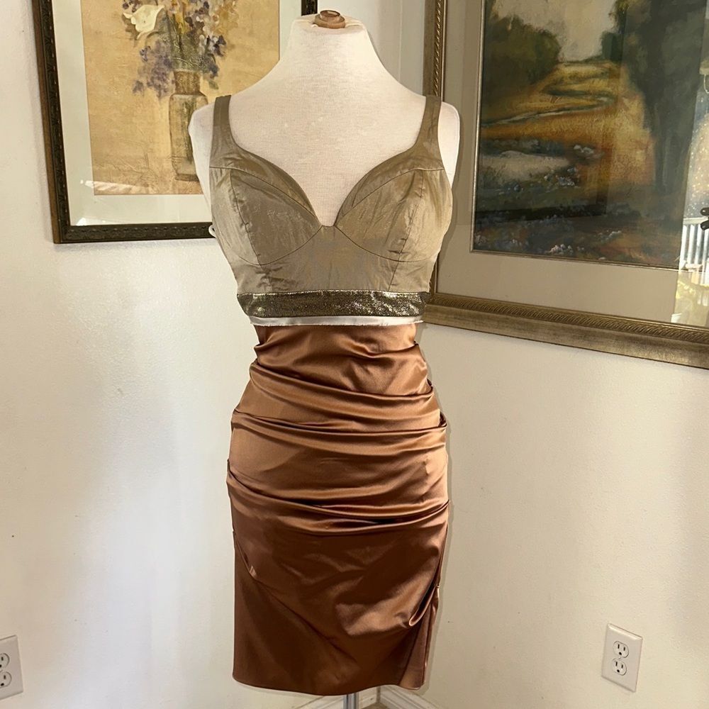 Nicole Miller Collection Bodycon Dress w/ Bronze Satin Ruched Skirt Size 4